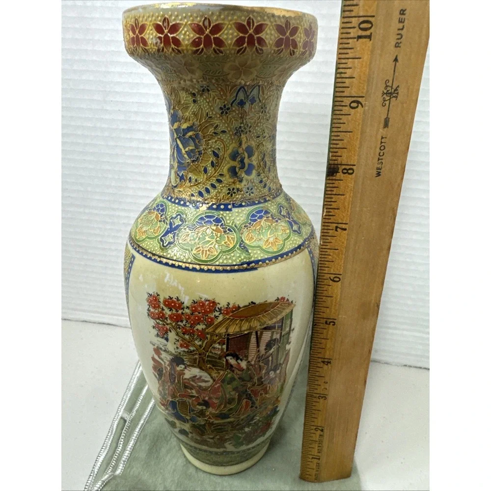 Vintage Japanese Royal‎ Satsuma Moriage Vase Geisha Flowers Large Vase (9